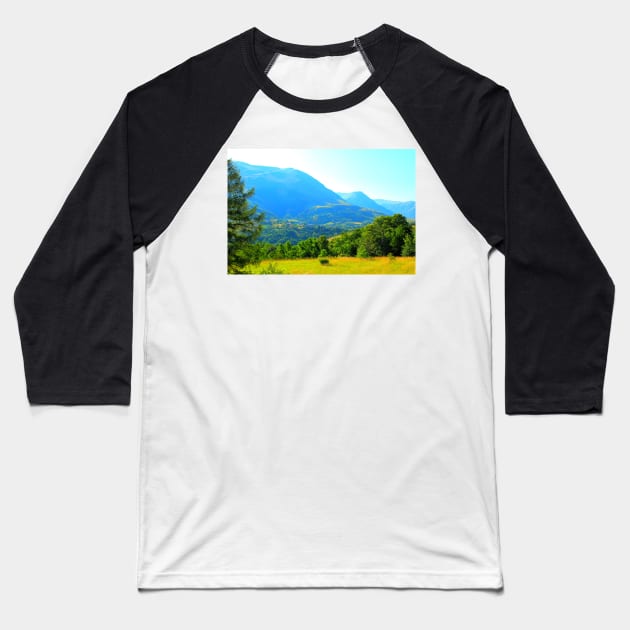 View in Montemonaco at the Sibillini mountains and their crests in the background Baseball T-Shirt by KristinaDrozd